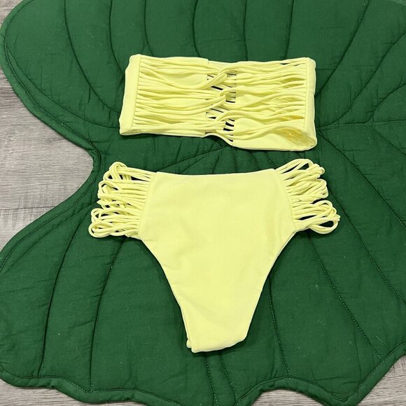 Mikoh Women's Small Neon Yellow Bikini Set Sunset Bandeau Velzyland Bottom - Picture 2 of 10